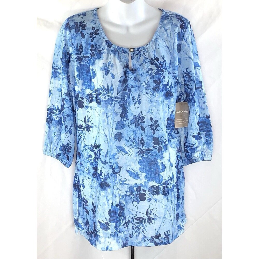 NWT Tunic Top S Blue Floral Keyhole Scoop 3/4 Sleeve Boho Hippie tropical Beach
